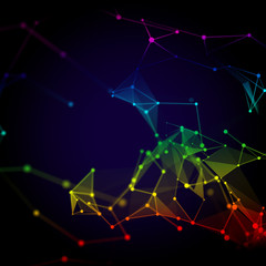 Abstract Molecular structure and communication on the dark background. Connected colorfully lines with dots. Concept of the science, connection, chemistry, biology, medicine, technology.