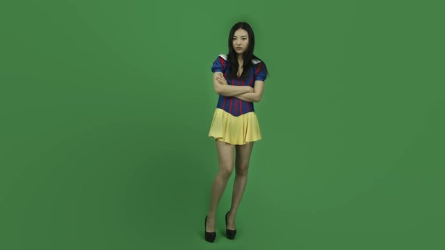 Asian snow white isolated greenscreen green background upset angry