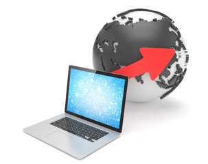 Laptop network and earth globe. 3d render