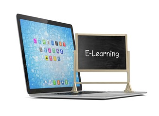  Laptop with chalkboard, e-learning, online education concept. 3d rendering.