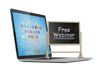 Laptop with chalkboard, free webinar, online education concept. 3d rendering.