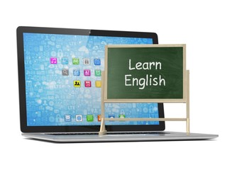  Laptop with chalkboard, learn english, online education concept. 3d rendering.