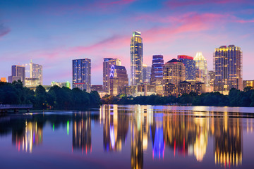Austin, Texas, USA downtown skyline on the Colorado River. - obrazy, fototapety, plakaty