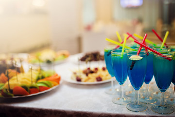 Tasty food and drinks on table at the reception banquet