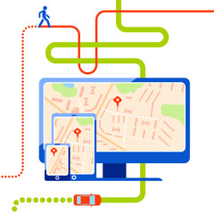 Naklejka premium Navigation web map with pin. Route for car and pedestrian. Smartphone, computer and tablet with flat map with notation and markers. Flat vector illustration isolated on wight background