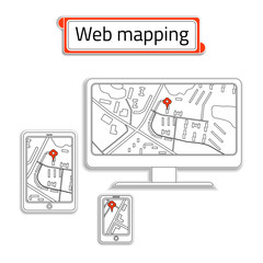 Mobile Phone, computer (PC) and tablet with Internet map. Title web mapping inside the red box. Mobile Phone with GPS Navigation App. Gadgets in paper style. Vector illustration