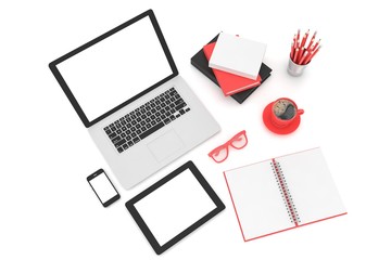 Responsive mockup screens. Laptop, tablet, phone on table. 3d rendering.