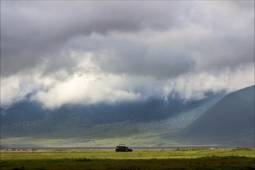African stormy sky in the crater of Ngorongoro . African safari
