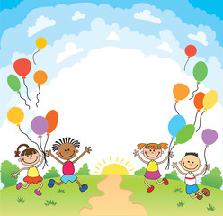 Obraz na płótnie Canvas children are jumping ob summer background bunner cartoon funny vector character. illustration