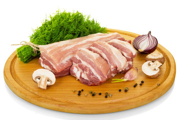 Fresh raw pork, dill and spices isolated on white .