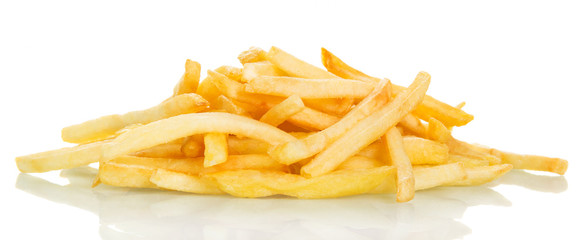 Mountain crispy French fries close-up isolated on white.