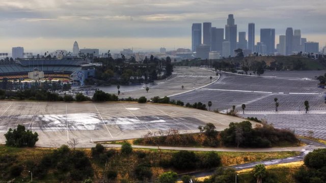 4K UltraHD View of Los Angeles skyline with Dodger Stadium in the foreground