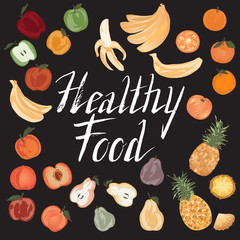 Set of hand painted Healthy Food text and fruits.