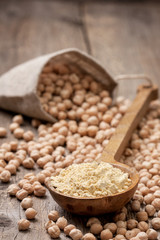 Chickpea flour in a wooden spoon