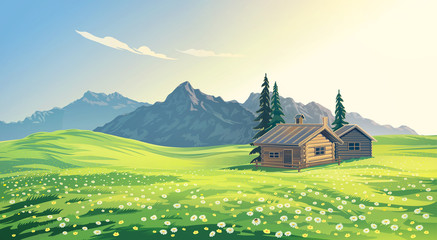 Mountain alpine landscape with houses. Raster illustration.