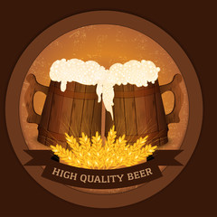 Two wooden beer mugs and wheat in vintage style - high quality beer concept.
