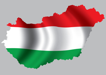 Vector Hungary flag blowing in the wind in Hungary map shape