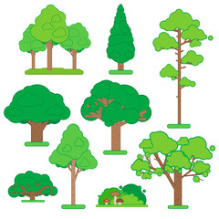 Set Of Green Trees and Shrubs on White Background. Vector Illustration.