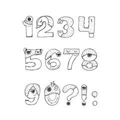 Vector set of fun funky monster digits from 1 to 0 with punctuation marks, hand drawn, black and white, isolated on white. Good for lettering or font design, headers, t-shirts, kids illustration