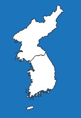 Freehand North and South Korea map sketch on blue background.
