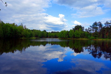 Fototapeta na wymiar tranquil lake with cloudy sky reflections on water and green forest