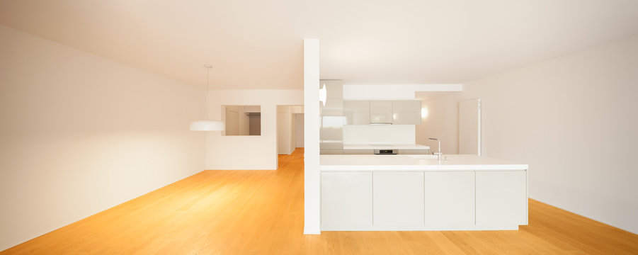Interior of modern apartment, big empty space. White kitchen 