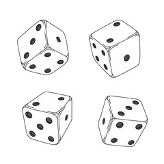 Four white cartoon-style dice cubes