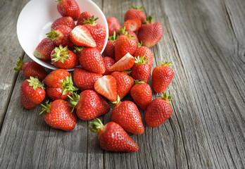 Strawberries on wooden boards.