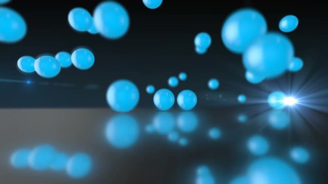 Seamless looping 3D animation with blue bouncing balls and a lens flare