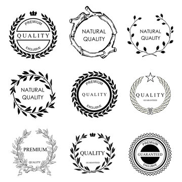 Set of vector templates for logos and icons on the theme of quality in eco style. Collection certificates elements.