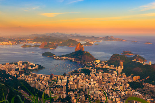Sunset view of mountain Sugar Loaf and Botafogo in Rio de Janeiro. Brazil