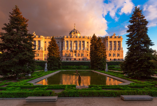 Royal Palace of Madrid and Sabatini park in Madrid, Spain