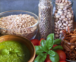 Vegan food, legumes and vegetables