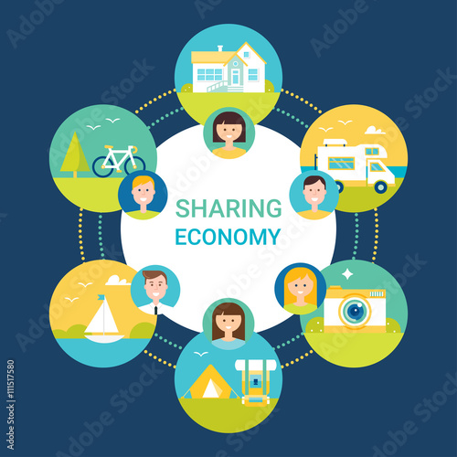 "Sharing Economy Vector Illustration. People and Objects Icons" Stock