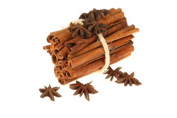 Cinnamon sticks and star anise spice isolated on white background 