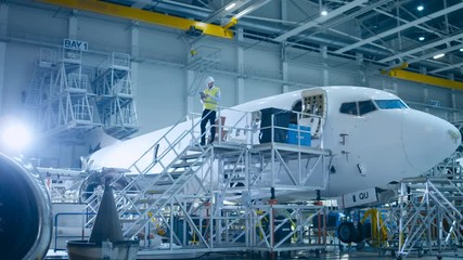Engineer in Safety Vest Standing next to Airplane in Hangar. Shot on RED Cinema Camera. - Powered by Adobe