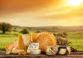 Various types of cheese placed on wooden table