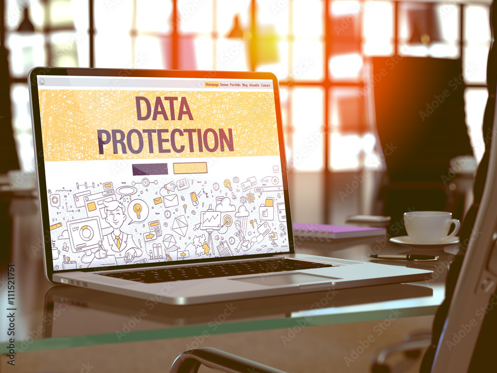 Wall mural data protection - closeup landing page in doodle design style on laptop screen. on background of com