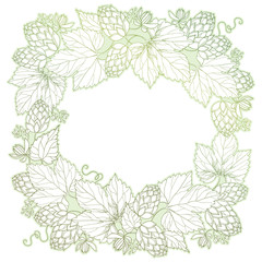 Vector frame with ornate Hops or Humulus. Cones and leaves in pastel isolated on white. Outline Hops for beer and brewery decor. Herbal elements in contour style for decoration and coloring book. 