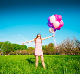 Woman balloons, full height, forest