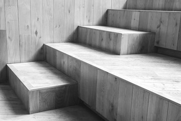 Natural wooden stairs. Black and white photo