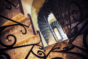 Stairway goes down, photo with selective focus