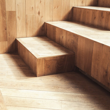 Abstract empty interior, wooden stairs