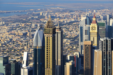 Aerial view of skyscrapers of Dubai World Trade center