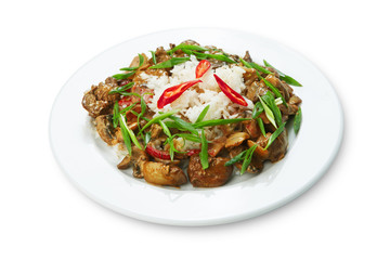 Chicken liver with mushrooms and rice. 