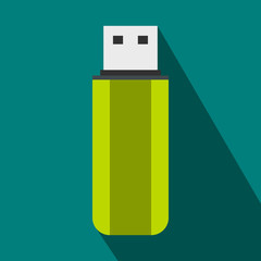 Green USB flash drive icon, flat style