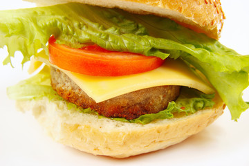 Big tasty sandwich with cheese and chop on a white background