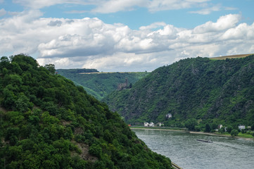 Fototapeta na wymiar View to Rhine and Burg Maus Castle, St. Goarshausen, Rhineland-Palatinate, Germany