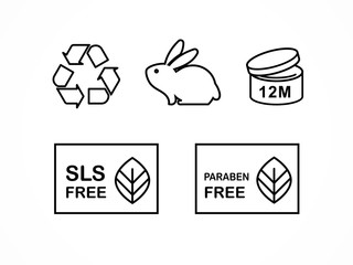 Set of natural cosmetics design packaging elements, icons, paraben free, organic bio product, not tested on animals