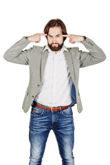 Fototapeta premium businessman gesturing with his finger against temple asking are